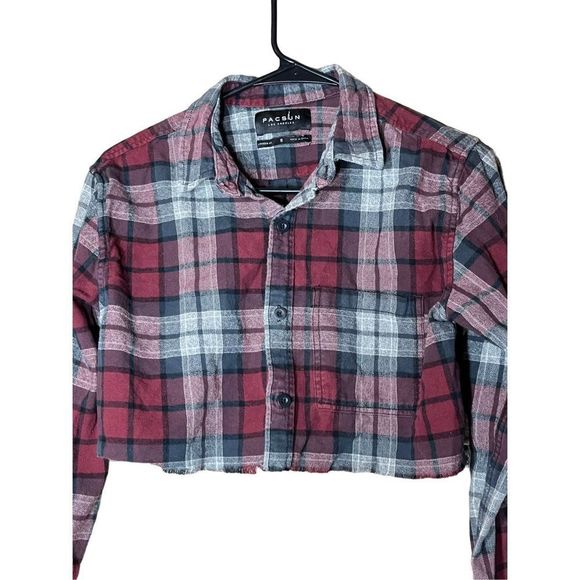Pacsun Plaid Button Down Crop Long Skeeve Top Size‎ Small - Picture 2 of 6